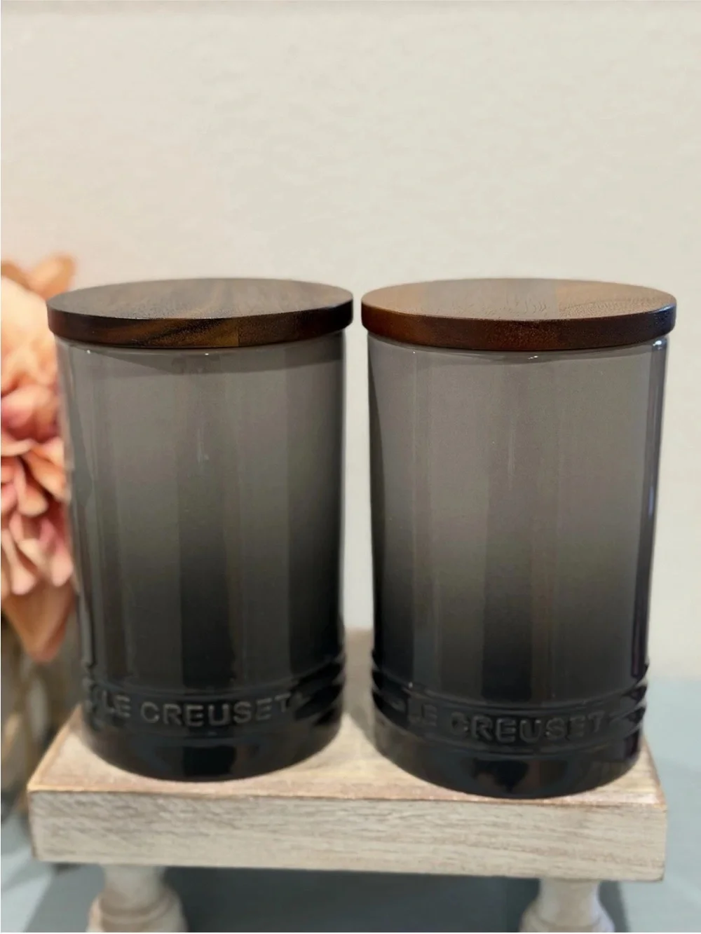 Le Creuset FLINT Stoneware Signature Storage Canister Wood Lid 26oz / 770ml Set